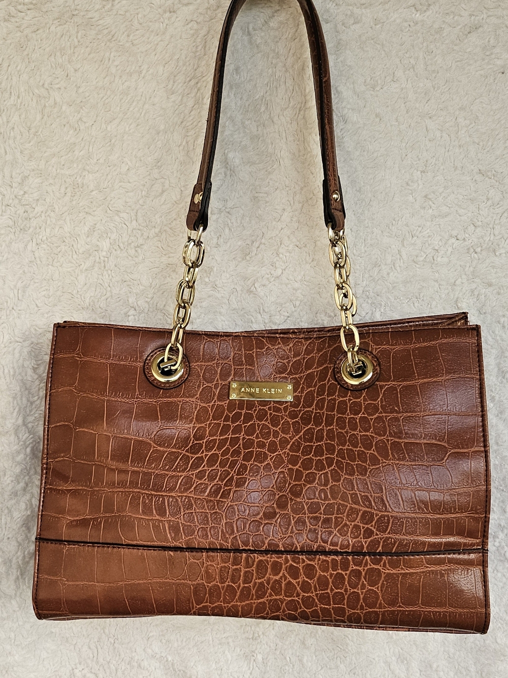 Anne Klein Brown Croc-Embossed Tote with Gold Chain Handles